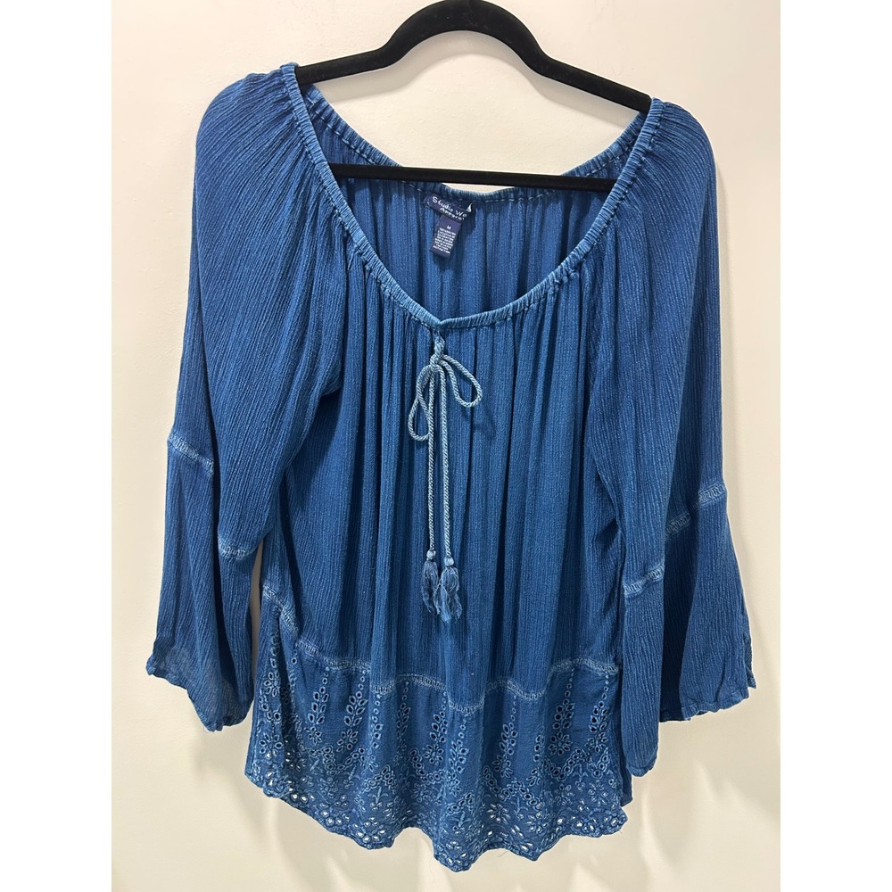 Studio West Apparel Blue Crinkle Rayon Eyelet Peasant Blouse Bell Sleeve Medium
